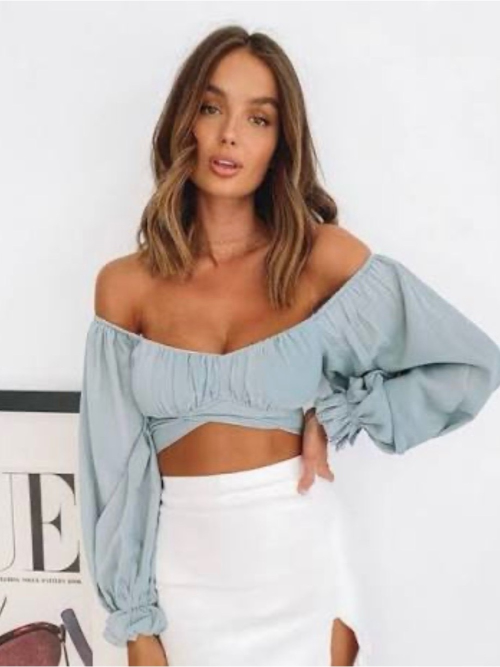 Beginning Boutique Sage Green Tie-Back Puff Sleeve Blouse